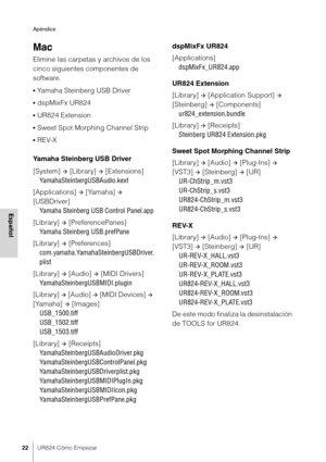 Page 22Apéndice
22UR824 Cómo Empezar
Español
Mac
Elimine las carpetas y archivos de los 
cinco siguientes componentes de 
software.
•Yamaha Steinberg USB Driver
•dspMixFx UR824
•UR824 Extension
•Sweet Spot Morphing Channel Strip
•REV-X
Yamaha Steinberg USB Driver
[System] 
 [Library]  [Extensions]
YamahaSteinbergUSBAudio.kext
[Applications] 
 [Yamaha]  
[USBDriver] Yamaha Steinberg USB Control Panel.app
[Library] 
 [PreferencePanes]
Yamaha Steinberg USB.prefPane
[Library] 
 [Preferences]...