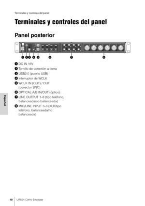 Page 10Terminales y controles del panel
10UR824 Cómo Empezar
Español
Terminales y controles del panel
Panel posterior
DC IN 16V
 Tornillo de conexión a tierra
 USB2.0 (puerto USB)
 Interruptor de WCLK
 WCLK IN (OUT) / OUT 
(conector BNC)
 OPTICAL A/B IN/OUT (óptico)
 LINE OUTPUT 1–8 (tipo teléfono, 
balanceada/no balanceada)
 MIC/LINE INPUT 3–8 (XLR/tipo 
teléfono, balanceada/no 
balanceada) 