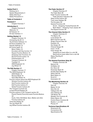 Page 6 
 : Table of Contents
Table of Contents – 6 
Safety First! 3 
Packing List 4
System Requirements 4
Safety Warning 4
Safety Precautions 4 
Table of Contents 5
Foreword 7 
Chapter Overview 7 
Introduction 9 
Chapter Overview 9
Welcome 10
ID Features 10
ID User Interface 11 
Getting Started 13 
Chapter Overview 13
Connecting the ID 14
The ID Driver Software 14
ID Driver Installation 14
Nuendo Settings 14
ID Control types 15
Motor Faders 15
Encoders with Key function 15
Square Function Buttons 15
Assigning...