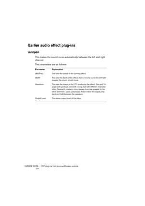 Page 24 
CUBASE SX/SL VST plug-ins from previous Cubase versions
 24 
Earlier audio effect plug-ins
 
Autopan
 
This makes the sound move automatically between the left and right 
channel.
The parameters are as follows: 
Parameter Explanation 
LFO Freq This sets the speed of the panning effect.
Width This sets the depth of the effect, that is, how far out to the left/right 
speaker the sound should move.
Waveform This sets the shape of the LFO producing the effect. Sine and Tri-
angle both produce a smooth...