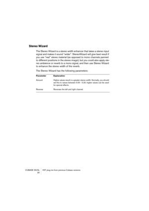 Page 30CUBASE SX/SL VST plug-ins from previous Cubase versions
 30
Stereo Wizard
The Stereo Wizard is a stereo width enhancer that takes a stereo input 
signal and makes it sound “wider”. StereoWizard will give best result if 
you use “real” stereo material (as opposed to mono channels panned 
to different positions in the stereo image), but you could also apply ste-
reo ambience or reverb to a mono signal, and then use Stereo Wizard 
to enhance the stereo width of the reverb.
The Stereo Wizard has the...