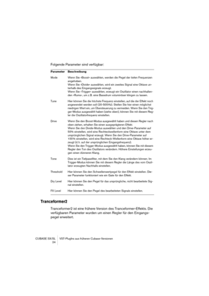 Page 24 
CUBASE SX/SL VST-PlugIns aus früheren Cubase-Versionen
24 
Folgende Parameter sind verfügbar: 
Tranceformer2
 
Tranceformer2 ist eine frühere Version des Tranceformer-Effekts. Die 
verfügbaren Parameter wurden um einen Regler für den Eingangs-
pegel erweitert. 
Parameter Beschreibung 
Mode Wenn Sie »Boost« auswählen, werden die Pegel der tiefen Frequenzen 
angehoben.
Wenn Sie »Divide« auswählen, wird ein zweites Signal eine Oktave un-
terhalb des Eingangssignals erzeugt.
Wenn Sie »Trigger« auswählen,...