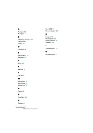 Page 46CUBASE SX/SL
46 Stichwortverzeichnis
A
Autopan 25
Autopole
 4
C
Choirus/Choirus 2 25
Chopper2
 8
CS40
 33
D
Distortion 8
E
Electro Fuzz 27
Espacial
 26
J
JX16 35
K
Karlette 9
L
LM-9 41
M
Metalizer2 10
MIDIComb
 11
Mysterizer
 15
N
Neon 43
P
PhatSync 18
R
Reverb 20Reverb32
 20
Ring Modulator
 21
S
Scopion 28
Stereo Echo
 29
Stereo Wizard
 30
Subbass
 23
T
Tranceformer2 24
W
Wunderverb 3 31 