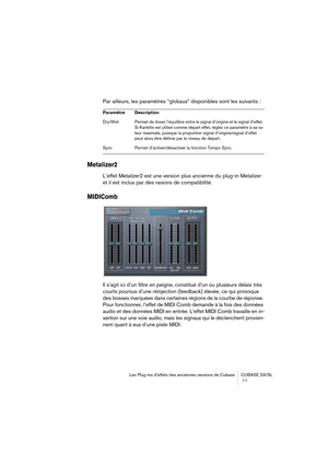 Page 11 
Les Plug-ins d’effets des anciennes versions de Cubase CUBASE SX/SL
 11 
Par ailleurs, les paramètres “globaux” disponibles sont les suivants : 
Metalizer2
 
L’effet Metalizer2 est une version plus ancienne du plug-in Metalizer 
et il est inclus par des raisons de compatibilité. 
MIDIComb
 
Il s’agit ici d’un filtre en peigne, constitué d’un ou plusieurs délais très 
courts pourvus d’une réinjection (feedback) élevée, ce qui provoque 
des bosses marquées dans certaines régions de la courbe de réponse....