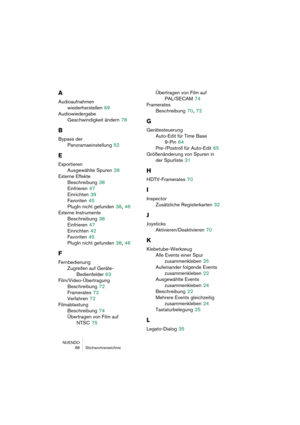 Page 88NUENDO
 88 Stichwortverzeichnis
A
Audioaufnahmen 
wiederherstellen
 69
Audiowiedergabe
Geschwindigkeit ändern
 78
B
Bypass der 
Panoramaeinstellung
 52
E
Exportieren
Ausgewählte Spuren
 28
Externe Effekte
Beschreibung
 38
Einfrieren
 47
Einrichten
 39
Favoriten
 45
PlugIn nicht gefunden
 38, 46
Externe Instrumente
Beschreibung
 38
Einfrieren
 47
Einrichten
 42
Favoriten
 45
PlugIn nicht gefunden
 38, 46
F
Fernbedienung
Zugreifen auf Geräte-
Bedienfelder
 63
Film/Video-Übertragung
Beschreibung
 72...