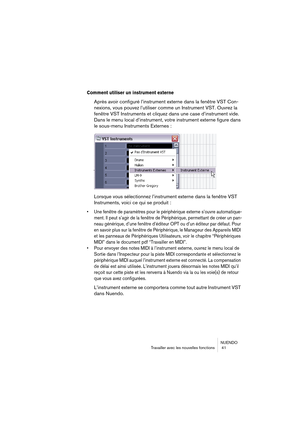 Page 41NUENDO
Travailler avec les nouvelles fonctions  41
Comment utiliser un instrument externe
Après avoir configuré l’instrument externe dans la fenêtre VST Con-
nexions, vous pouvez l’utiliser comme un Instrument VST. Ouvrez la 
fenêtre VST Instruments et cliquez dans une case d’instrument vide. 
Dans le menu local d’instrument, votre instrument externe figure dans 
le sous-menu Instruments Externes :
Lorsque vous sélectionnez l’instrument externe dans la fenêtre VST 
Instruments, voici ce qui se produit :...