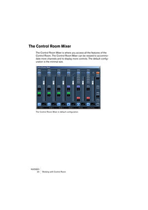 Page 24NUENDO
 24 Working with Control Room
The Control Room Mixer
The Control Room Mixer is where you access all the features of the 
Control Room. The Control Room Mixer can be resized to accommo-
date more channels and to display more controls. The default config-
uration is the minimal size. 
The Control Room Mixer in default configuration  