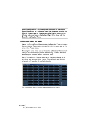 Page 26NUENDO
 26 Working with Control Room
Right-clicking (Win) or [Ctrl]-clicking (Mac) anywhere on the Control 
Room Mixer brings up a contextual menu that allows you to resize the 
Mixer in the same way as the expansion tabs. Use the options in the 
Window sub-menu to show the Left and Right Strips along with the 
Extended and Routing Views.
Control Room Inserts and Meters
When the Control Room Mixer displays the Extended View, the meters 
become visible. These meters look and function the same way as the...