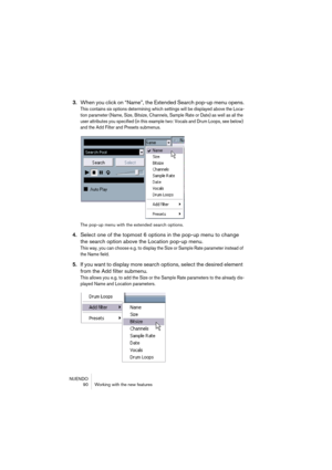 Page 90NUENDO
 90 Working with the new features
3.When you click on “Name”, the Extended Search pop-up menu opens.
This contains six options determining which settings will be displayed above the Loca-
tion parameter (Name, Size, Bitsize, Channels, Sample Rate or Date) as well as all the 
user attributes you specified (in this example two: Vocals and Drum Loops, see below) 
and the Add Filter and Presets submenus.
The pop-up menu with the extended search options.
4.Select one of the topmost 6 options in the...