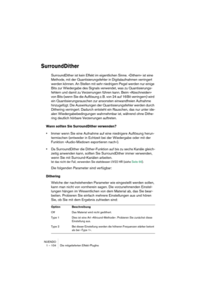 Page 104NUENDO
1 – 104 Die mitgelieferten Effekt-PlugIns
SurroundDither
SurroundDither ist kein Effekt im eigentlichen Sinne. »Dithern« ist eine 
Methode, mit der Quantisierungsfehler in Digitalaufnahmen verringert 
werden können. An Stellen mit sehr niedrigem Pegel werden nur einige 
Bits zur Wiedergabe des Signals verwendet, was zu Quantisierungs-
fehlern und damit zu Verzerrungen führen kann. Beim »Abschneiden« 
von Bits (wenn Sie die Auflösung z. B. von 24 auf 16 Bit verringern) wird 
ein...