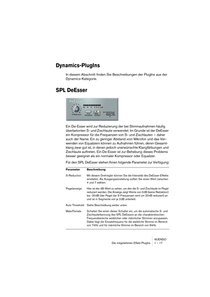 Page 17 
NUENDO
Die mitgelieferten Effekt-PlugIns 1 – 17 
Dynamics-PlugIns
 
In diesem Abschnitt finden Sie Beschreibungen der PlugIns aus der 
Dynamics-Kategorie. 
SPL DeEsser
 
Ein De-Esser wird zur Reduzierung der bei Stimmaufnahmen häufig 
überbetonten S- und Zischlaute verwendet. Im Grunde ist der DeEsser 
ein Kompressor für die Frequenzen von S- und Zischlauten – daher 
auch der Name. Ein zu geringer Abstand vom Mikrofon und das Ver-
wenden von Equalizern können zu Aufnahmen führen, deren Gesamt-
klang...