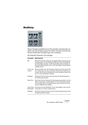 Page 9 
NUENDO
Die mitgelieferten Effekt-PlugIns 1 – 9 
ModDelay
 
Diesen Verzögerungseffekt können Sie entweder tempobezogen ein-
stellen oder die Verzögerungszeit frei wählen. Darüber hinaus können 
Sie die wiederholten Verzögerungen auch modulieren.
Die folgenden Parameter sind verfügbar: 
Parameter Beschreibung  
Mix Mit diesem Parameter stellen Sie das Pegelverhältnis zwischen dem Ori-
ginalsignal (Dry) und dem Effektsignal (Wet) ein. Wenn Sie ModDelay 
als Send-Effekt verwenden, sollten Sie den...