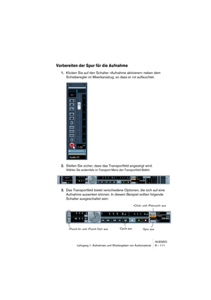 Page 111NUENDO
Lehrgang 1: Aufnehmen und Wiedergeben von Audiomaterial 8 – 111
Vorbereiten der Spur für die Aufnahme
1.Klicken Sie auf den Schalter »Aufnahme aktivieren« neben dem 
Schieberegler im Mixerkanalzug, so dass er rot aufleuchtet.
2.Stellen Sie sicher, dass das Transportfeld angezeigt wird.
Wählen Sie andernfalls im Transport-Menü den Transportfeld-Befehl.
3.Das Transportfeld bietet verschiedene Optionen, die sich auf eine 
Aufnahme auswirken können. In diesem Beispiel sollten folgende 
Schalter...