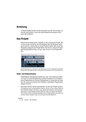 Page 62NUENDO
5 – 62 Nuendo – Grundbegriffe
Einleitung
In diesem Kapitel werden die Grundbegriffe und die Terminologie von 
Nuendo beschrieben. Lesen Sie dieses Kapitel aufmerksam durch, 
bevor Sie fortfahren.
Das Projekt
Das Format für Dokumente in Nuendo ist das so genannte Projekt. Be-
vor Sie mit der Aufnahme, der Wiedergabe oder der Bearbeitung be-
ginnen können, müssen Sie ein neues Projekt erstellen oder ein auf der 
Festplatte gespeichertes Projekt öffnen. Sie können mehrere Projekte 
gleichzeitig...