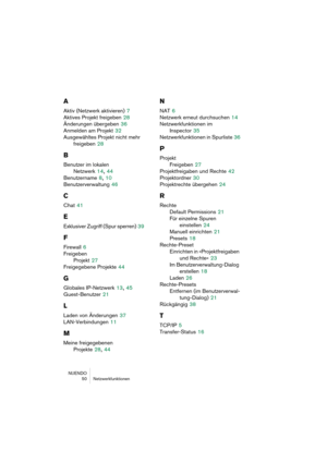 Page 50NUENDO
50 Netzwerkfunktionen
A
Aktiv (Netzwerk aktivieren) 7
Aktives Projekt freigeben
 28
Änderungen übergeben
 36
Anmelden am Projekt
 32
Ausgewähltes Projekt nicht mehr 
freigeben
 28
B
Benutzer im lokalen 
Netzwerk
 14, 44
Benutzername
 8, 10
Benutzerverwaltung
 46
C
Chat 41
E
Exklusiver Zugriff (Spur sperren) 39
F
Firewall 6
Freigeben
Projekt
 27
Freigegebene Projekte
 44
G
Globales IP-Netzwerk 13, 45
Guest-Benutzer
 21
L
Laden von Änderungen 37
LAN-Verbindungen
 11
M
Meine freigegebenen 
Projekte...