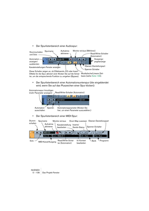 Page 106NUENDO
5 – 106 Das Projekt-Fenster
•Der Spurlistenbereich einer Audiospur:
•Der Spurlistenbereich einer Automationsunterspur (die eingeblendet 
wird, wenn Sie auf das Pluszeichen einer Spur klicken):
•Der Spurlistenbereich einer MIDI-Spur:
Stummschalten 
und SoloAufnahme 
aktivieren Spurname
Ausgangs-
pegelanzeige Automation 
anzeigen/
ausblenden
Diese Schalter zeigen an, ob Effektsends, EQ oder Insert-
Effekte für die Spur aktiviert sind. Klicken Sie auf die Schal-
ter, um die entsprechende Funktion zu...