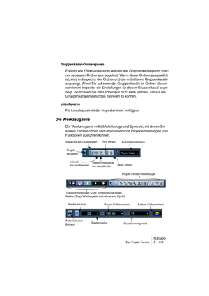 Page 115NUENDO
Das Projekt-Fenster 5 – 115
Gruppenkanal-Ordnerspuren
Ebenso wie Effektkanalspuren werden alle Gruppenkanalspuren in ei-
ner separaten Ordnerspur abgelegt. Wenn dieser Ordner ausgewählt 
ist, wird im Inspector der Ordner und die enthaltenen Gruppenkanäle 
angezeigt. Wenn Sie auf einen der Gruppenkanäle im Ordner klicken, 
werden im Inspector die Einstellungen für diesen Gruppenkanal ange-
zeigt. So müssen Sie die Ordnerspur nicht extra »öffnen«, um auf die 
Gruppenkanaleinstellungen zugreifen zu...