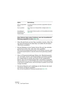 Page 148NUENDO
5 – 148 Das Projekt-Fenster
Diese Optionen haben andere Funktionen, wenn das Auswahlbereich-
Werkzeug ausgewählt ist (siehe Seite 167).
•Wenn Sie alle Events auf einer Spur auswählen möchten, öffnen Sie 
das Quick-Kontextmenü für diese Spur und wählen Sie die Option 
»Alle Events auswählen«.
•Mit den Pfeiltasten auf der Tastatur können Sie auch das nächstlie-
gende Event rechts, links, oben oder unten auswählen.
Wenn Sie die [Umschalttaste] gedrückt halten und die Pfeiltasten verwenden, bleibt...