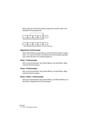 Page 176NUENDO
5 – 176 Das Projekt-Fenster
Wenn mehr als zwei Events anders angeordnet werden sollen, wird 
dasselbe Prinzip angewandt. 
Magnetischer Positionszeiger
Wenn dieser Modus ausgewählt ist, wird der Positionszeiger »magne-
tisch«, d. h. wenn ein Event in die Nähe des Positionszeigers gezogen 
wird, rastet das Event am Positionszeiger ein.
Raster + Positionszeiger
Dies ist eine Kombination des Raster-Modus und des Modus »Mag-
netischer Positionszeiger«.
Events + Positionszeiger
Dies ist eine Kombination...