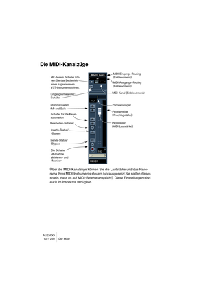 Page 250NUENDO
10 – 250 Der Mixer
Die MIDI-Kanalzüge
Über die MIDI-Kanalzüge können Sie die Lautstärke und das Pano-
rama Ihres MIDI-Instruments steuern (vorausgesetzt Sie stellen dieses 
so ein, dass es auf MIDI-Befehle anspricht). Diese Einstellungen sind 
auch im Inspector verfügbar.
Pegelregler 
(MIDI-Lautstärke)Pegelanzeige 
(Anschlagstärke) Schalter für die Kanal-
automationPanoramaregler
Die Schalter 
»Aufnahme 
aktivieren« und 
»Monitor«
MIDI-Ausgangs-Routing 
(Einblendmenü)
MIDI-Eingangs-Routing...