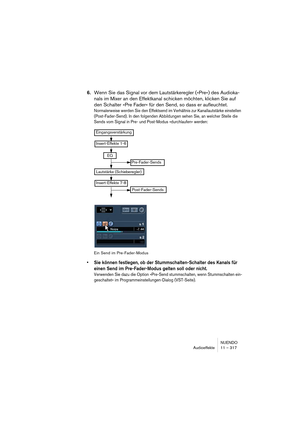 Page 317NUENDO
Audioeffekte 11 – 317
6.Wenn Sie das Signal vor dem Lautstärkeregler (»Pre«) des Audioka-
nals im Mixer an den Effektkanal schicken möchten, klicken Sie auf 
den Schalter »Pre Fader« für den Send, so dass er aufleuchtet.
Normalerweise werden Sie den Effektsend im Verhältnis zur Kanallautstärke einstellen 
(Post-Fader-Send). In den folgenden Abbildungen sehen Sie, an welcher Stelle die 
Sends vom Signal in Pre- und Post-Modus »durchlaufen« werden:
Ein Send im Pre-Fader-Modus
•Sie können festlegen,...