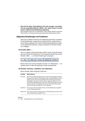 Page 406NUENDO
15 – 406 Audiobearbeitung und Audiofunktionen
•Wenn Sie die Option »Diese Meldung nicht mehr anzeigen« einschalten, 
wird die ausgewählte Methode (»Weiter« oder »Neue Version«) auf jede 
danach vorgenommene Bearbeitung angewandt. 
Diese Einstellung können Sie im Einblendmenü »Wenn Effekte mehrfach verwendete 
Clips betreffen« im Programmeinstellungen-Dialog (Audio-Seite) jederzeit ändern.
Allgemeine Einstellungen und Funktionen
Wenn Sie im Effekte-Untermenü eine Bearbeitungsfunktion auswählen,...