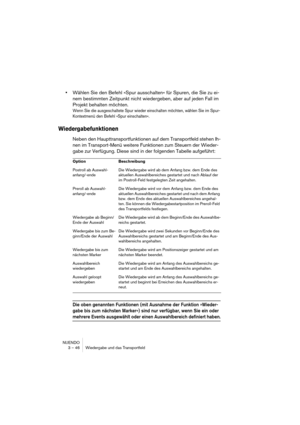 Page 46NUENDO
3 – 46 Wiedergabe und das Transportfeld
•Wählen Sie den Befehl »Spur ausschalten« für Spuren, die Sie zu ei-
nem bestimmten Zeitpunkt nicht wiedergeben, aber auf jeden Fall im 
Projekt behalten möchten.
Wenn Sie die ausgeschaltete Spur wieder einschalten möchten, wählen Sie im Spur-
Kontextmenü den Befehl »Spur einschalten«.
Wiedergabefunktionen
Neben den Haupttransportfunktionen auf dem Transportfeld stehen Ih-
nen im Transport-Menü weitere Funktionen zum Steuern der Wieder-
gabe zur Verfügung....