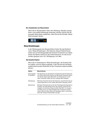 Page 497NUENDO
Echtzeitbearbeitung mit den Audio-Warp-Funktionen 18 – 497
Ein-/Ausblenden von Warp-Ankern
Wenn Sie im Sample-Editor neben dem Werkzeug »Samples manipu-
lieren« noch weitere Werkzeuge verwenden möchten, können Sie die 
erzeugten Warp-Anker ausblenden, indem Sie auf den Schalter »Warp-
Anker anzeigen« klicken.
Warp-Einstellungen
In der Werkzeugzeile des Sample-Editors finden Sie das Einblend-
menü »Warp-Einstellungen«. Die Optionen dieses Einblendmenüs 
wirken sich auf die Klangqualität des...