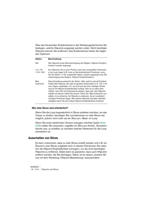 Page 514NUENDO
19 – 514 Hitpoints und Slices
Über das Verwenden-Einblendmenü in der Werkzeugzeile können Sie 
festlegen, welche Hitpoints angezeigt werden sollen. Nicht benötigte 
Hitpoints können Sie entfernen. Das Einblendmenü bietet die folgen-
den Optionen:
Wie viele Slices sind erforderlich?
Wenn Sie die Loop hauptsächlich in Slices aufteilen möchten, um das 
Tempo zu ändern, benötigen Sie normalerweise so viele Slices wie 
möglich, jedoch nicht mehr als ein Slice pro »Beat« im Loop.
Wenn Sie einen...