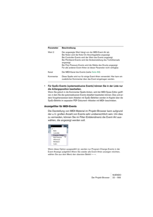 Page 593NUENDO
Der Projekt-Browser 22 – 593
•Für SysEx-Events (systemexklusive Events) können Sie in der Liste nur 
die Anfangsposition bearbeiten.
Wenn Sie jedoch in die Kommentar-Spalte klicken, wird der MIDI-Sysex-Editor geöff-
net, in dem Sie die systemexklusiven Events detailliert bearbeiten können. Dies und an-
dere Vorgehensweisen beim Arbeiten mit SysEx-Befehlen werden im Kapitel über die 
SysEx-Befehle im separaten PDF-Dokument »Arbeiten mit MIDI« beschrieben.
Anzeigefilter für MIDI-Events
Die...