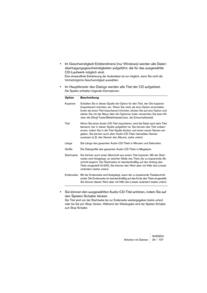 Page 737NUENDO
Arbeiten mit Dateien 29 – 737
•Im Geschwindigkeit-Einblendmenü (nur Windows) werden alle Daten-
übertragungsgeschwindigkeiten aufgeführt, die für das ausgewählte 
CD-Laufwerk möglich sind.
Eine einwandfreie Extrahierung der Audiodaten ist nur möglich, wenn Sie nicht die 
höchstmögliche Geschwindigkeit auswählen.
•Im Hauptfenster des Dialogs werden alle Titel der CD aufgelistet.
Die Spalten enthalten folgende Informationen:
•Sie können den ausgewählten Audio-CD-Titel anhören, indem Sie auf 
den...