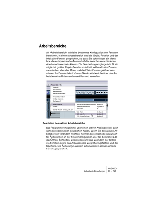 Page 747NUENDO
Individuelle Einstellungen 30 – 747
Arbeitsbereiche
Als »Arbeitsbereich« wird eine bestimmte Konfiguration von Fenstern 
bezeichnet. In einem Arbeitsbereich wird die Größe, Position und der 
Inhalt aller Fenster gespeichert, so dass Sie schnell über ein Menü 
bzw. die entsprechenden Tastaturbefehle zwischen verschiedenen 
Arbeitsmodi wechseln können. Für Bearbeitungsvorgänge ist z.B. ein 
möglichst großes Projekt-Fenster vorteilhaft, während beim Zusam-
menmischen eher das Mixer- und die...