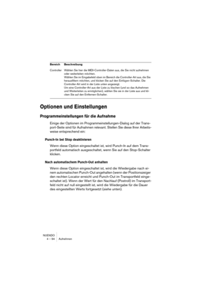 Page 94NUENDO
4 – 94 Aufnehmen
Optionen und Einstellungen
Programmeinstellungen für die Aufnahme
Einige der Optionen im Programmeinstellungen-Dialog auf der Trans-
port-Seite sind für Aufnahmen relevant. Stellen Sie diese Ihrer Arbeits-
weise entsprechend ein:
Punch-In bei Stop deaktivieren
Wenn diese Option eingeschaltet ist, wird Punch-In auf dem Trans-
portfeld automatisch ausgeschaltet, wenn Sie auf den Stop-Schalter 
klicken.
Nach automatischem Punch-Out anhalten
Wenn diese Option eingeschaltet ist, wird...