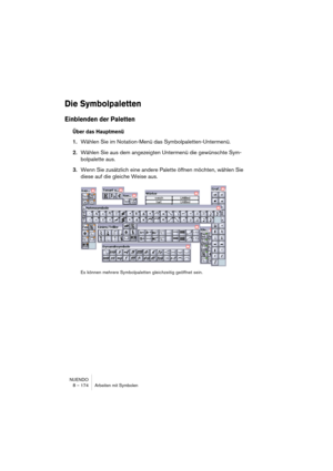 Page 174NUENDO
8 – 174 Arbeiten mit Symbolen
Die Symbolpaletten
Einblenden der Paletten
Über das Hauptmenü
1.Wählen Sie im Notation-Menü das Symbolpaletten-Untermenü.
2.Wählen Sie aus dem angezeigten Untermenü die gewünschte Sym-
bolpalette aus.
3.Wenn Sie zusätzlich eine andere Palette öffnen möchten, wählen Sie 
diese auf die gleiche Weise aus.
Es können mehrere Symbolpaletten gleichzeitig geöffnet sein. 