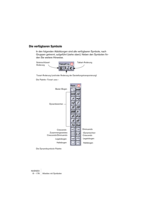 Page 176NUENDO
8 – 176 Arbeiten mit Symbolen
Die verfügbaren Symbole
In den folgenden Abbildungen sind alle verfügbaren Symbole, nach 
Gruppen getrennt, aufgeführt (siehe oben). Neben den Symbolen fin-
den Sie weitere Hinweise.
Die Palette »Tonart usw.«
Die Dynamiksymbole-Palette
Notenschlüssel-
Änderung
Tonart-Änderung (und/oder Änderung der Darstellungstransponierung)Taktart-Änderung
Diminuendo
Legatobogen
Haltebogen Dynamikzeichen
Zusammengesetztes
Crescendo/Diminuendo
Legatobogen
HaltebogenCrescendo...