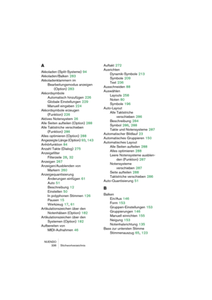 Page 336NUENDO
 336 Stichwortverzeichnis
A
Akkoladen (Split-Systeme) 94
Akkoladen/Balken
 283
Akkoladenklammern im 
Bearbeitungsmodus anzeigen
(Option)
 283
Akkordsymbole
Automatisch hinzufügen
 226
Globale Einstellungen
 229
Manuell eingeben
 224
Akkordsymbole erzeugen
(Funktion)
 226
Aktives Notensystem
 26
Alle Seiten aufteilen (Option)
 288
Alle Taktstriche verschieben 
(Funktion)
 286
Alles optimieren (Option)
 288
Angezeigte Länge (Option)
 93, 143
Anhörfunktion
 84
Anzahl Takte (Dialog)
 275...