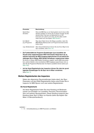 Page 12 
NUENDO
1 – 12 Echtzeitbearbeitung von MIDI-Parametern und Effekten 
•Die Funktionalität der Programm-Einstellungen (zum Auswählen der 
Sounds eines angeschlossenen MIDI-Instruments) hängt davon ab, an 
welches Instrument der MIDI-Ausgang angeschlossen ist und welche Ein-
stellungen Sie im Dialog »MIDI-Geräte-Verwaltung« vorgenommen haben.
 
Sie können im Dialog »MIDI-Geräte-Verwaltung« angeben, welche MIDI-Instrumente 
bzw. anderen Geräte an die verschiedenen MIDI-Ausgänge angeschlossen sind, so 
dass...