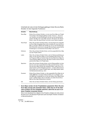 Page 146NUENDO
3 – 146 Die MIDI-Editoren
Unterhalb der Liste mit dem Schlagzeugklängen finden Sie eine Reihe 
Schalter mit den folgenden Funktionen:
•Drum-Maps werden mit den Projektdateien gespeichert. Wenn Sie eine 
Drum-Map erzeugt oder bearbeitet haben, sollten Sie sie mit der Spei-
chern-Funktion auf Ihre Festplatte speichern, damit Sie sie auch in an-
deren Projekten verwenden können.
Wenn immer dieselbe(n) Drum-Map(s) in Ihren Projekten verfügbar sein sollen, können 
Sie diese auch in das Standard-Projekt...