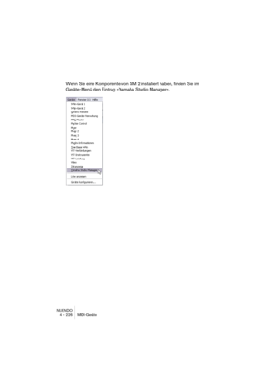 Page 226NUENDO
4 – 226 MIDI-Geräte
Wenn Sie eine Komponente von SM 2 installiert haben, finden Sie im 
Geräte-Menü den Eintrag »Yamaha Studio Manager«.  