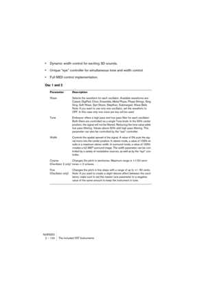 Page 124NUENDO
2 – 124 The included VST Instruments
•Dynamic width control for exciting 3D sounds.
•Unique “eye” controller for simultaneous tone and width control.
•Full MIDI control implementation.
Osc 1 and 2
Parameter Description
Wave Selects the waveform for each oscillator. Available waveforms are: 
Carpet, DigiPad, Choir, Ensemble, Metal Phaze, Phase Strings, Sing 
Sing, Soft Wave, Spit Strynx, Stepfloor, Submerged, Wave Bellz. 
Note: If you want to use only one oscillator, set the waveform to 
OFF. In...