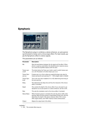 Page 56NUENDO
1 – 56 The included effect plug-ins
Symphonic
The Symphonic plug-in combines a stereo enhancer, an auto-panner 
synchronized to tempo and a chorus-type effect. For best results, ap-
ply the Symphonic effect to stereo signals.
The parameters are as follows: 
Parameter Description
Mix Sets the level balance between the dry signal and the effect. If Sym-
phonic is used as a send effect, this should be set to maximum as you 
can control the dry/effect balance with the send. 
Tempo sync 
on/offThe...