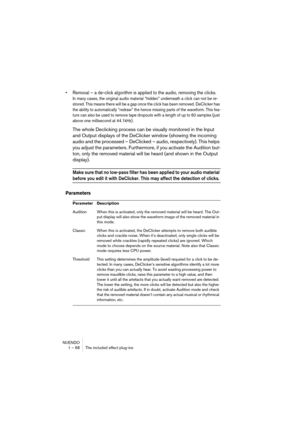 Page 68NUENDO
1 – 68 The included effect plug-ins
•Removal – a de-click algorithm is applied to the audio, removing the clicks.
In many cases, the original audio material “hidden” underneath a click can not be re-
stored. This means there will be a gap once the click has been removed. DeClicker has 
the ability to automatically “redraw” the hence missing parts of the waveform. This fea-
ture can also be used to remove tape dropouts with a length of up to 60 samples (just 
above one millisecond at 44.1kHz).
The...