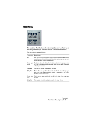 Page 9 
NUENDO
The included effect plug-ins 1 – 9 
ModDelay
 
This is a delay effect that can either be tempo-based or use freely spec-
ified delay time settings. The delay repeats can also be modulated.
The parameters are as follows: 
Parameter Description  
Mix Sets the level balance between the dry signal and the effect. If ModDelay 
is used as a send effect, this should be set to maximum as you can con-
trol the dry/effect balance with the send. 
Tempo sync 
on/offThe button above the Delay Time knob is...