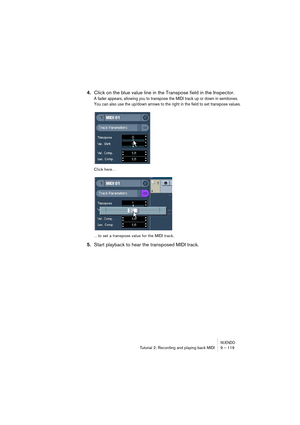 Page 119NUENDOTutorial 2: Recording and playing back MIDI 9 – 119
4.Click on the blue value line in the Transpose field in the Inspector.
A fader appears, allowing you to transpose the MIDI track up or down in semitones. 
You can also use the up/down arrows to the right in the field to set transpose values.
Click here…
…to set a transpose value for the MIDI track.
5.Start playback to hear the transposed MIDI track.   