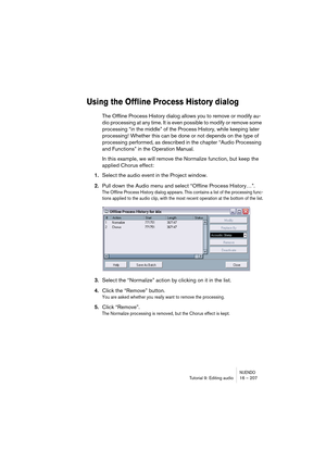 Page 207NUENDOTutorial 9: Editing audio 16 – 207
Using the Offline Process History dialog
The Offline Process History dialog allows you to remove or modify au-
dio processing at any time. It is even possible to modify or remove some 
processing “in the middle” of the Process History, while keeping later 
processing! Whether this can be done or not depends on the type of 
processing performed, as described in the chapter “Audio Processing 
and Functions” in the Operation Manual.
In this example, we will remove...