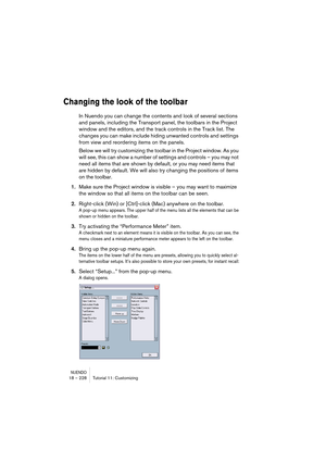 Page 228NUENDO18 – 228 Tutorial 11: Customizing
Changing the look of the toolbar
In Nuendo you can change the contents and look of several sections 
and panels, including the Transport panel, the toolbars in the Project 
window and the editors, and the track controls in the Track list. The 
changes you can make include hiding unwanted controls and settings 
from view and reordering items on the panels.
Below we will try customizing the toolbar in the Project window. As you 
will see, this can show a number of...