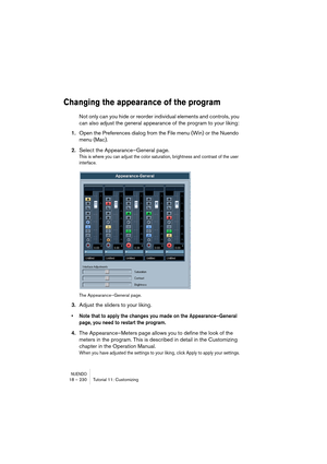 Page 230NUENDO18 – 230 Tutorial 11: Customizing
Changing the appearance of the program
Not only can you hide or reorder individual elements and controls, you 
can also adjust the general appearance of the program to your liking:
1.Open the Preferences dialog from the File menu (Win) or the Nuendo 
menu (Mac).
2.Select the Appearance–General page.
This is where you can adjust the color saturation, brightness and contrast of the user 
interface.
The Appearance–General page.
3.Adjust the sliders to your liking....