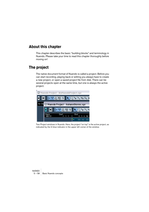 Page 58NUENDO5 – 58 Basic Nuendo concepts
About this chapter
This chapter describes the basic “building blocks” and terminology in 
Nuendo. Please take your time to read this chapter thoroughly before 
moving on!
The project
The native document format of Nuendo is called a project. Before you 
can start recording, playing back or editing you always have to create 
a new project, or open a saved project file from disk. There can be 
several projects open at the same time, but one is always the active 
project....