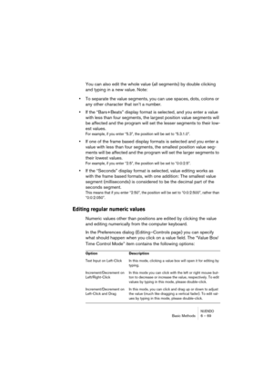 Page 69NUENDOBasic Methods 6 – 69
You can also edit the whole value (all segments) by double clicking 
and typing in a new value. Note:
•To separate the value segments, you can use spaces, dots, colons or 
any other character that isn’t a number.
•If the “Bars+Beats” display format is selected, and you enter a value 
with less than four segments, the largest position value segments will 
be affected and the program will set the lesser segments to their low-
est values.
For example, if you enter “5.3”, the...