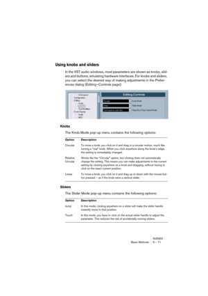 Page 71NUENDOBasic Methods 6 – 71
Using knobs and sliders
In the VST audio windows, most parameters are shown as knobs, slid-
ers and buttons, emulating hardware interfaces. For knobs and sliders, 
you can select the desired way of making adjustments in the Prefer-
ences dialog (Editing–Controls page):
Knobs
The Knob Mode pop-up menu contains the following options:
Sliders
The Slider Mode pop-up menu contains the following options:
Option Description
Circular To move a knob, you click on it and drag in a...